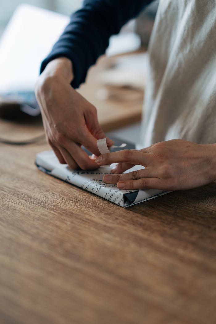 Close-up of hands wrapping a gift with paper and tape on a wooden table.